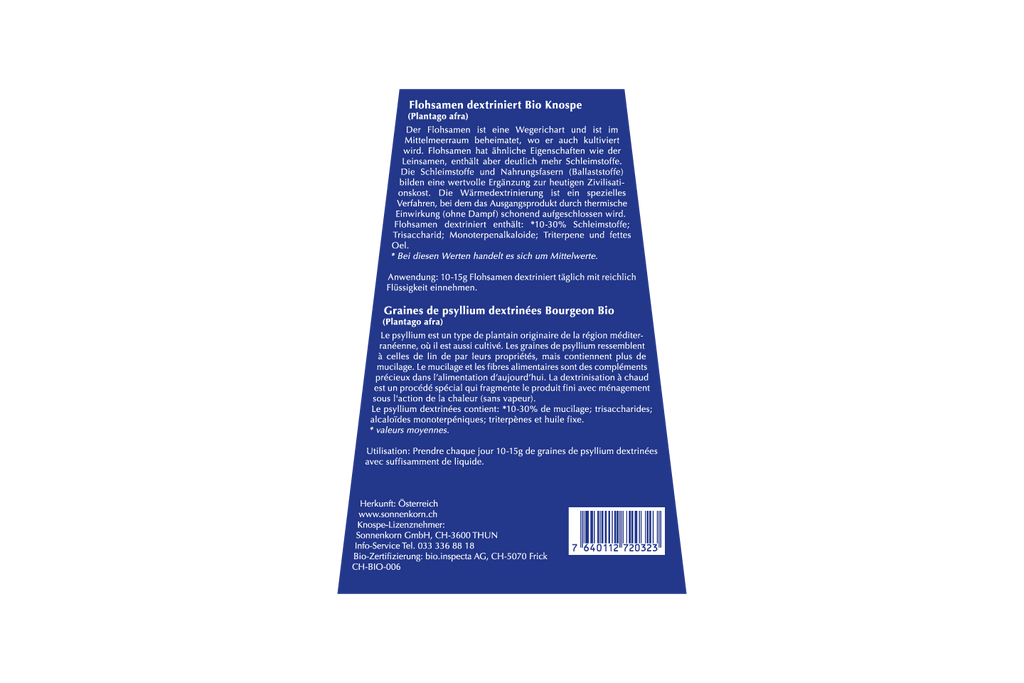Sonnenkorn Flohsamen dextriniert BIO Knospe 250g