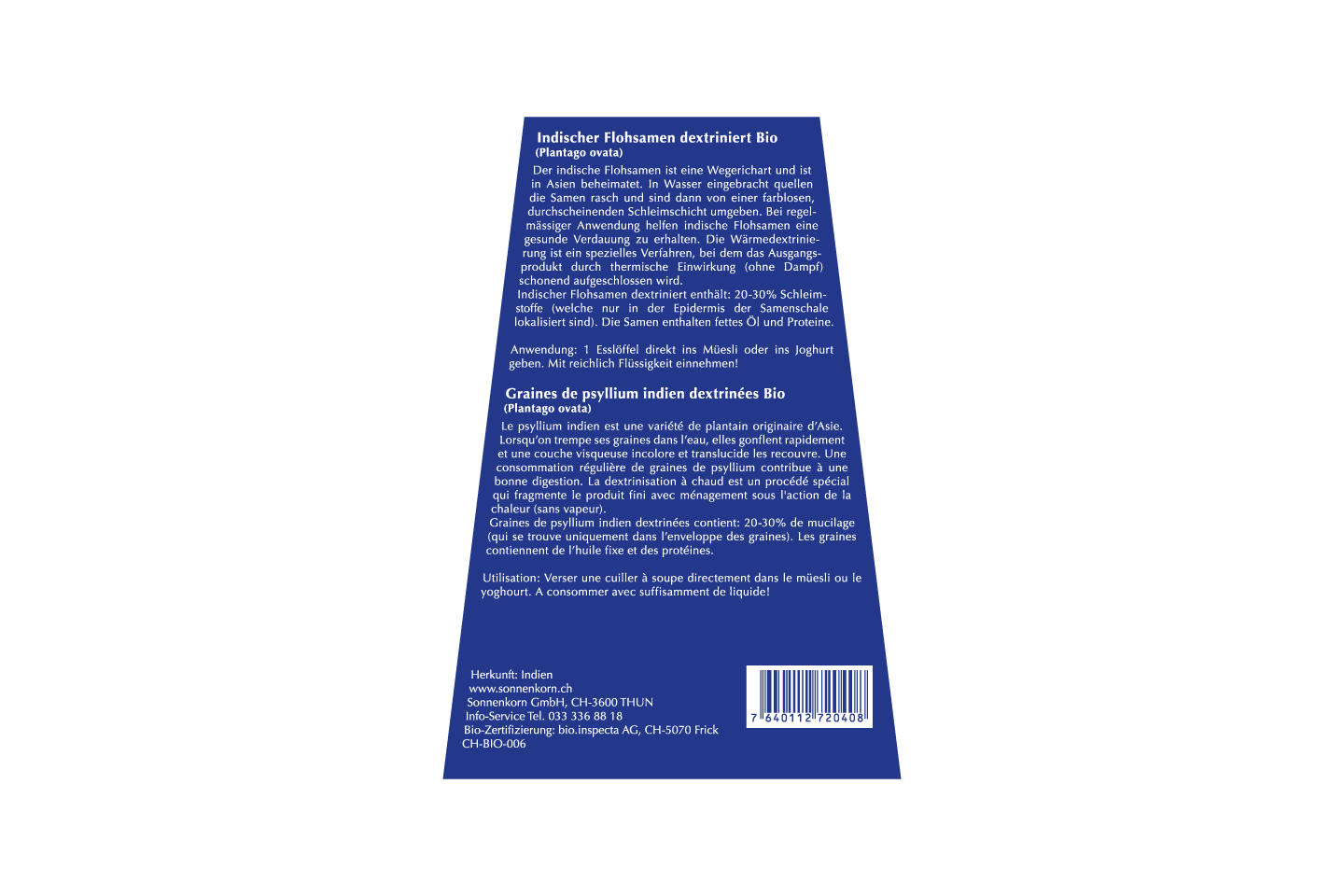Sonnenkorn Psyllium indien dextriné BIO Bourgeon 120g