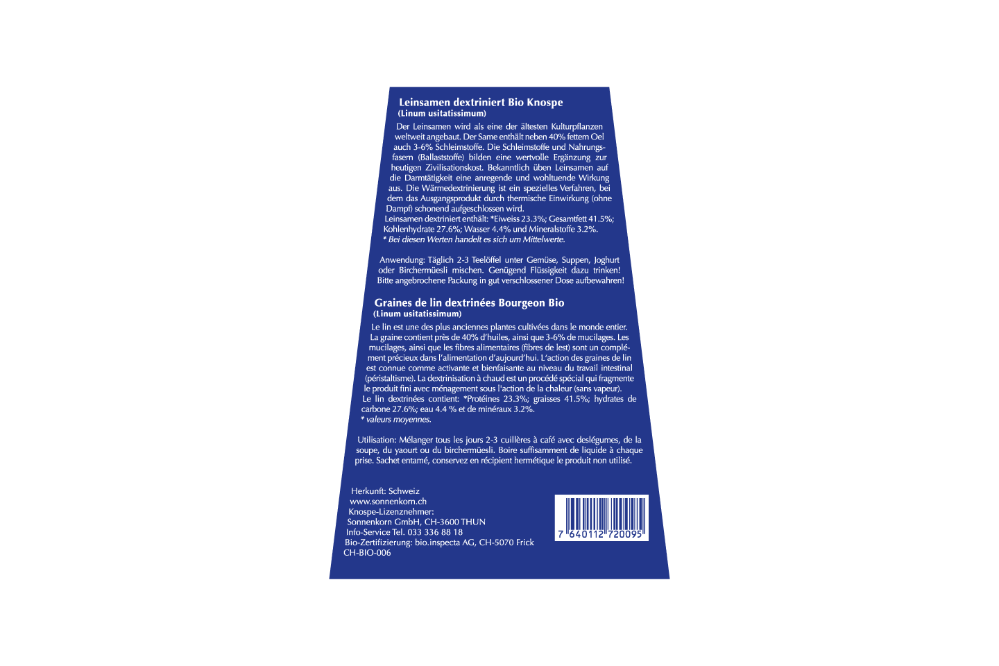 Sonnenkorn Graines de lin dextrinées BIO Bourgeon 250g