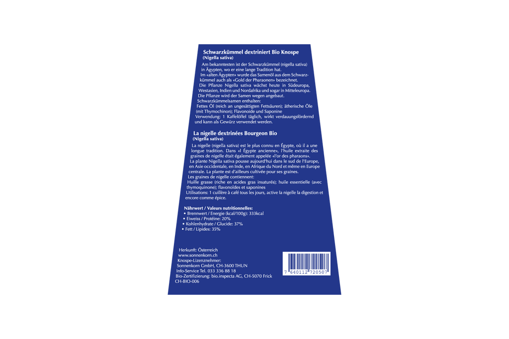 Sonnenkorn Schwarzkümmel dextriniert BIO Knospe 100g
