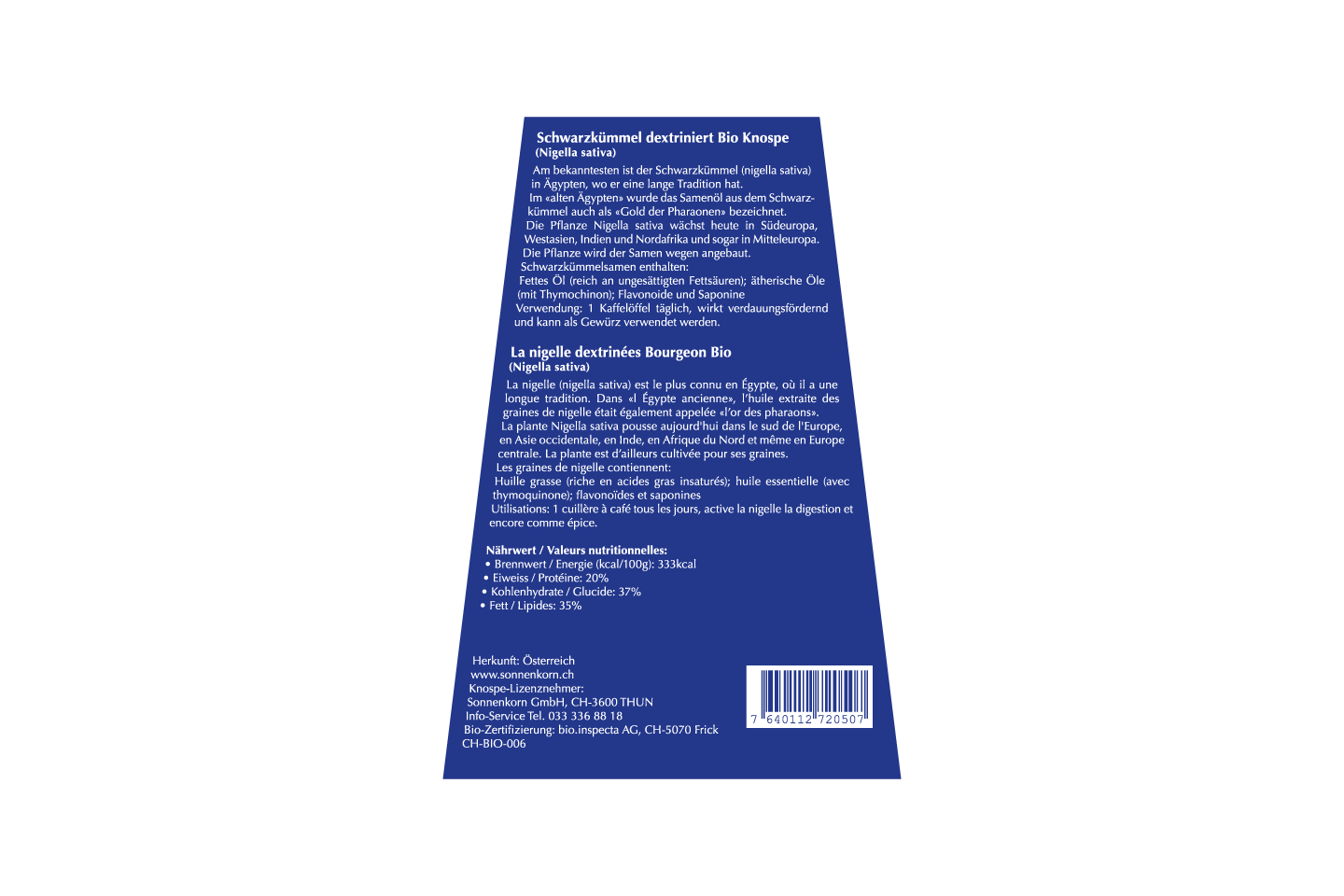 Sonnenkorn Schwarzkümmel dextriniert BIO Knospe 100g